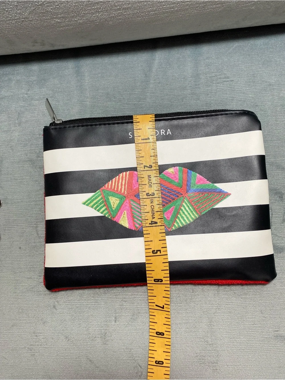 Sephora Striped Pouch with Colorful Embroidered Lip and 4 travel cosmetics